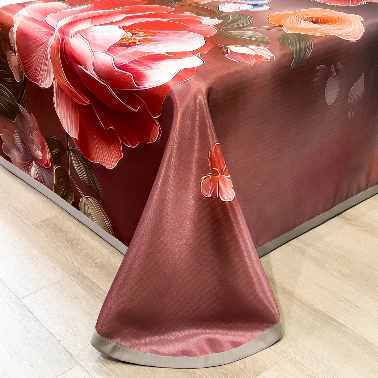 91家纺网 家纺一手货源 找家纺 梵克保罗 2026春夏新款数码印花大版高克重冰丝凉席三件套 牡丹