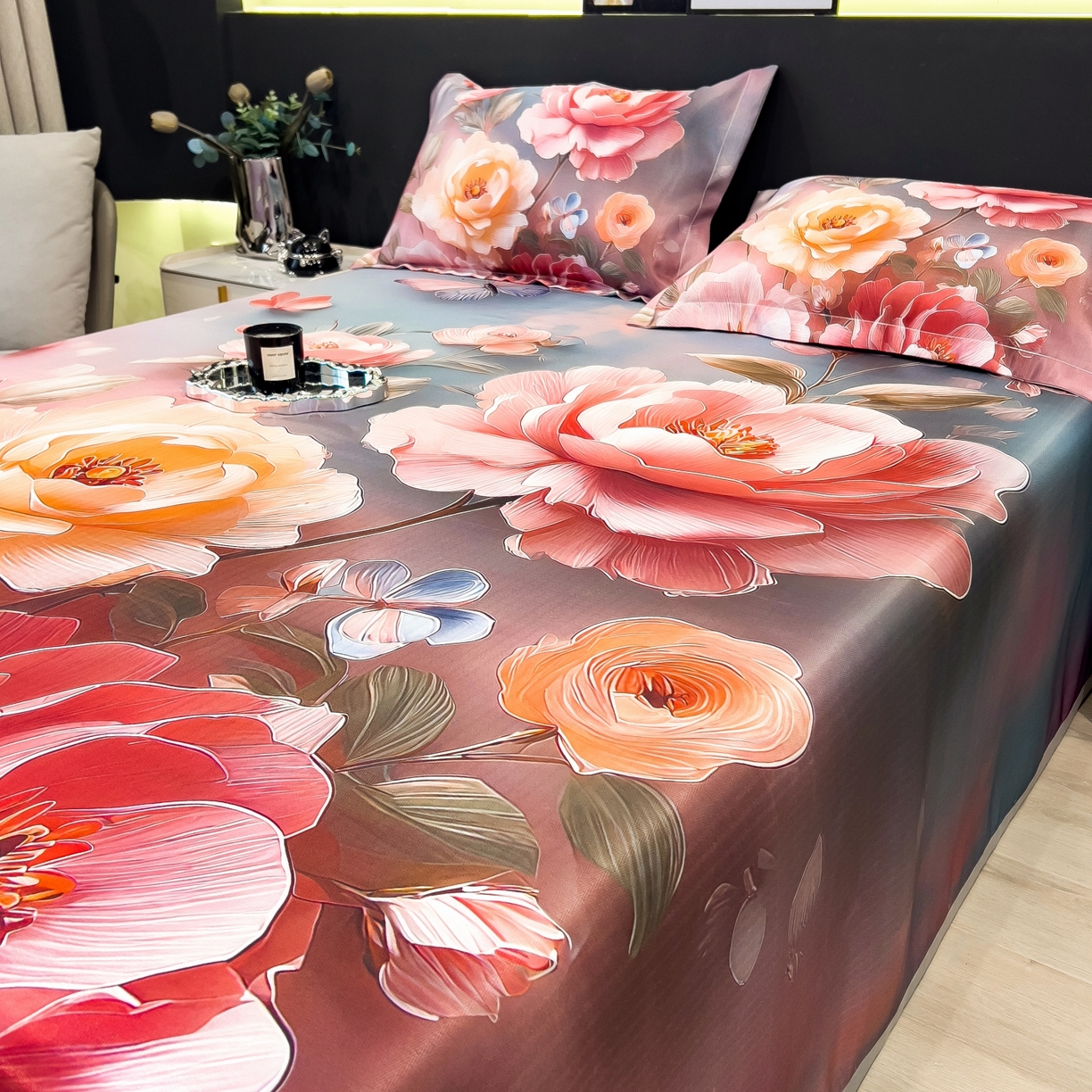 91家纺网 家纺一手货源 找家纺 梵克保罗 2026春夏新款数码印花大版高克重冰丝凉席三件套 牡丹