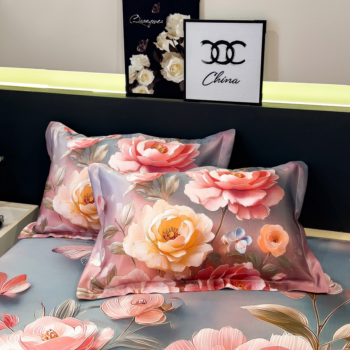 91家纺网 家纺一手货源 找家纺 梵克保罗 2026春夏新款数码印花大版高克重冰丝凉席三件套 牡丹