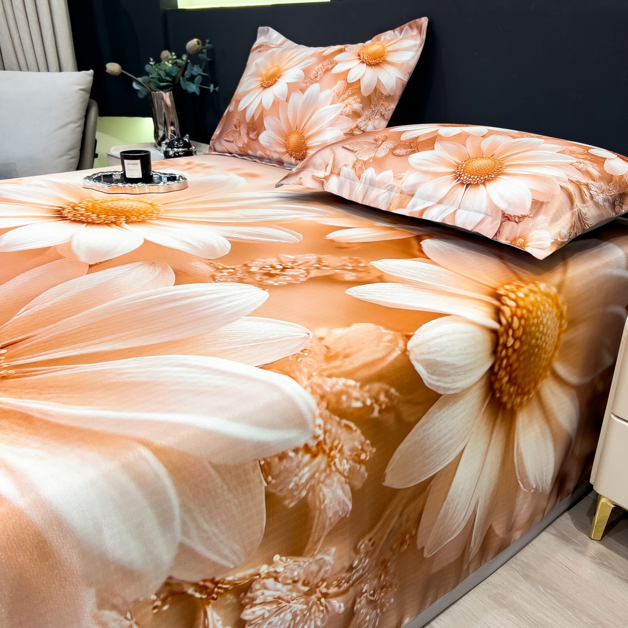 91家纺网 家纺一手货源 找家纺 梵克保罗 2026春夏新款数码印花大版高克重冰丝凉席三件套 浅朵