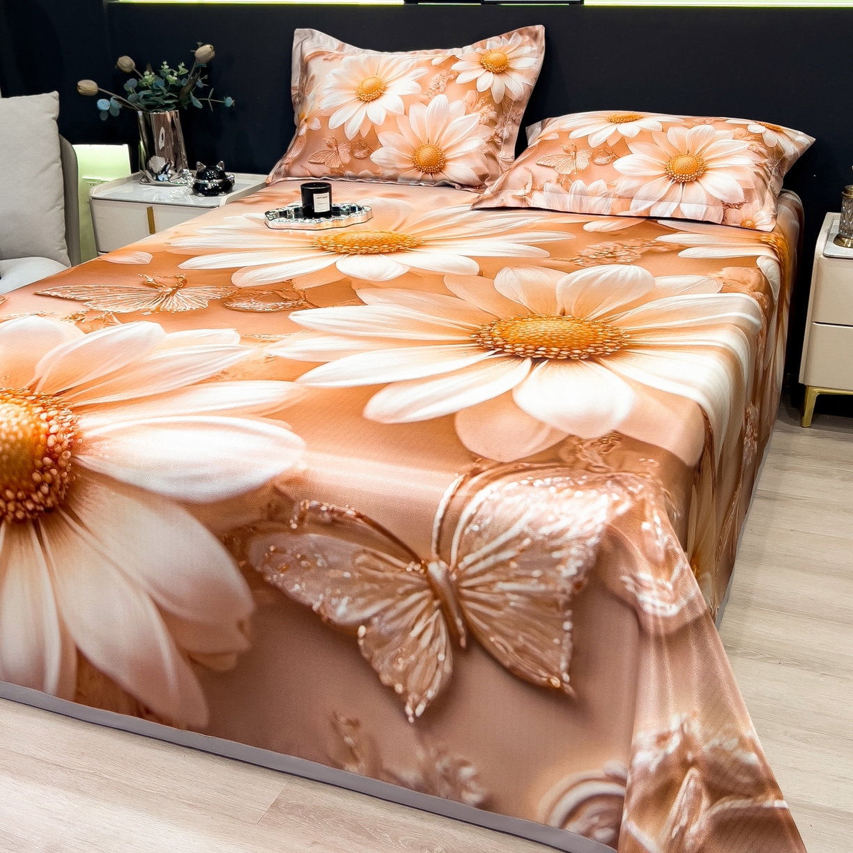 91家纺网 家纺一手货源 找家纺 梵克保罗 2026春夏新款数码印花大版高克重冰丝凉席三件套 浅朵