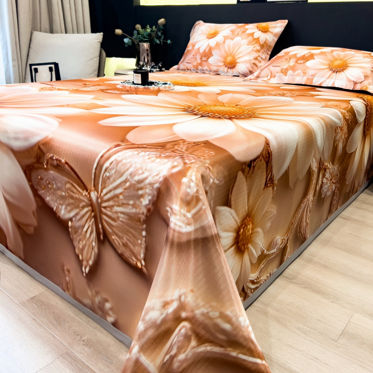 91家纺网 家纺一手货源 找家纺 梵克保罗 2026春夏新款数码印花大版高克重冰丝凉席三件套 浅朵