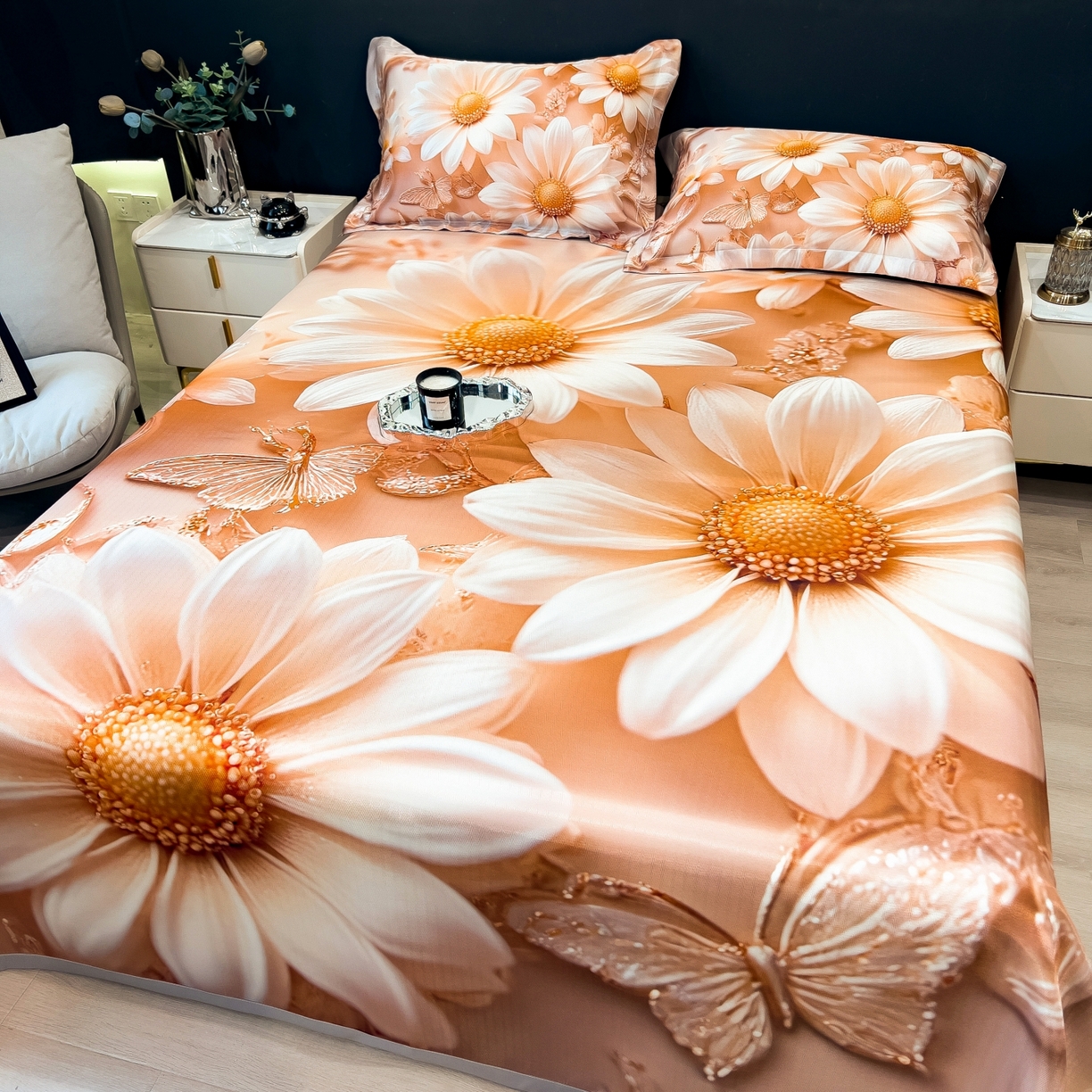 91家纺网 家纺一手货源 找家纺 梵克保罗 2026春夏新款数码印花大版高克重冰丝凉席三件套 浅朵