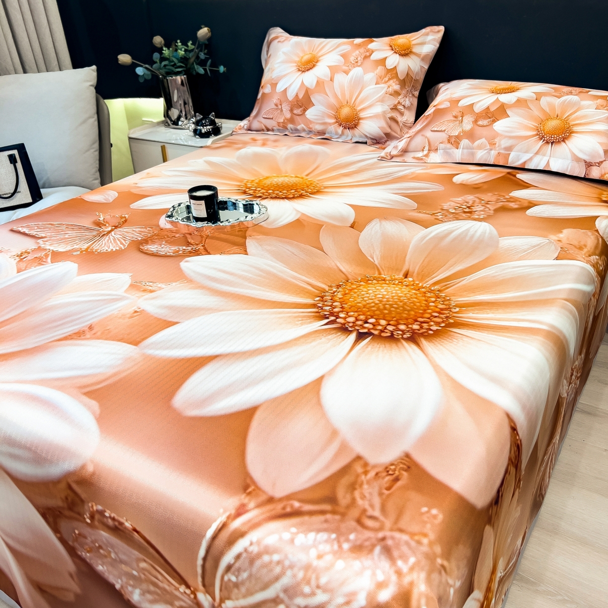 91家纺网 家纺一手货源 找家纺 梵克保罗 2026春夏新款数码印花大版高克重冰丝凉席三件套 浅朵