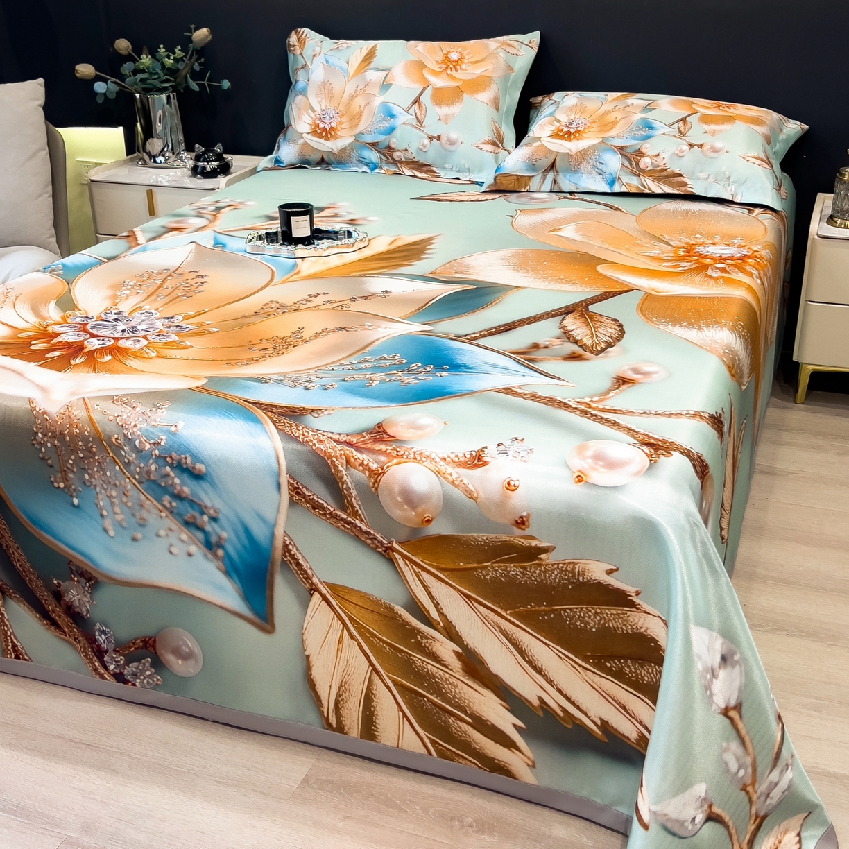 91家纺网 家纺一手货源 找家纺 梵克保罗 2026春夏新款数码印花大版高克重冰丝凉席三件套 四季花