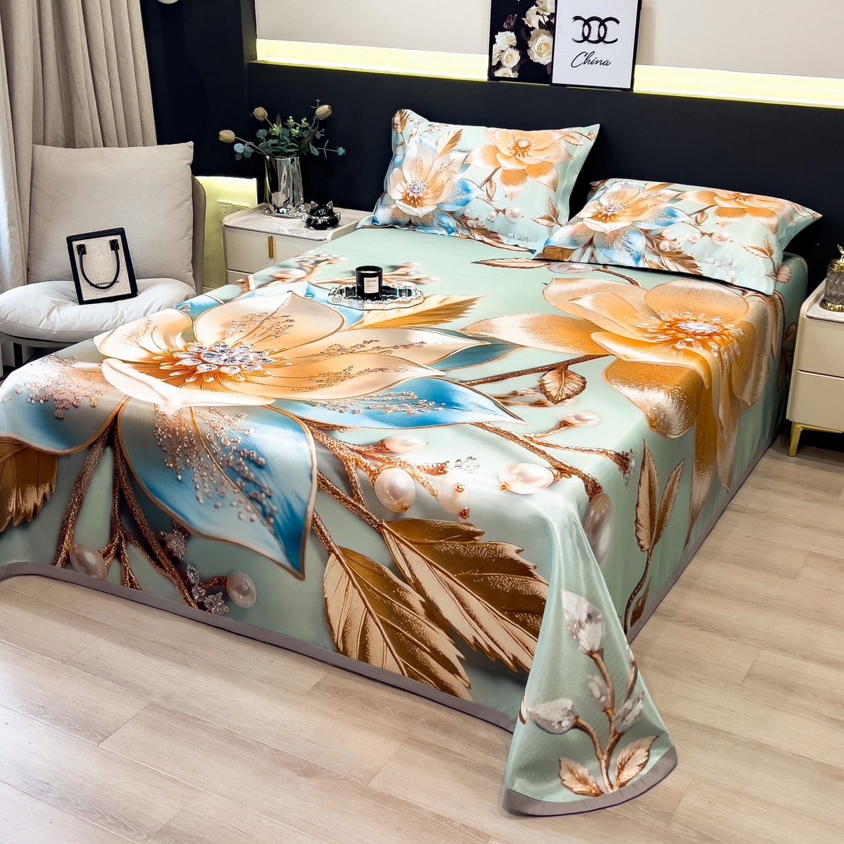 91家纺网 家纺一手货源 找家纺 梵克保罗 2026春夏新款数码印花大版高克重冰丝凉席三件套 四季花