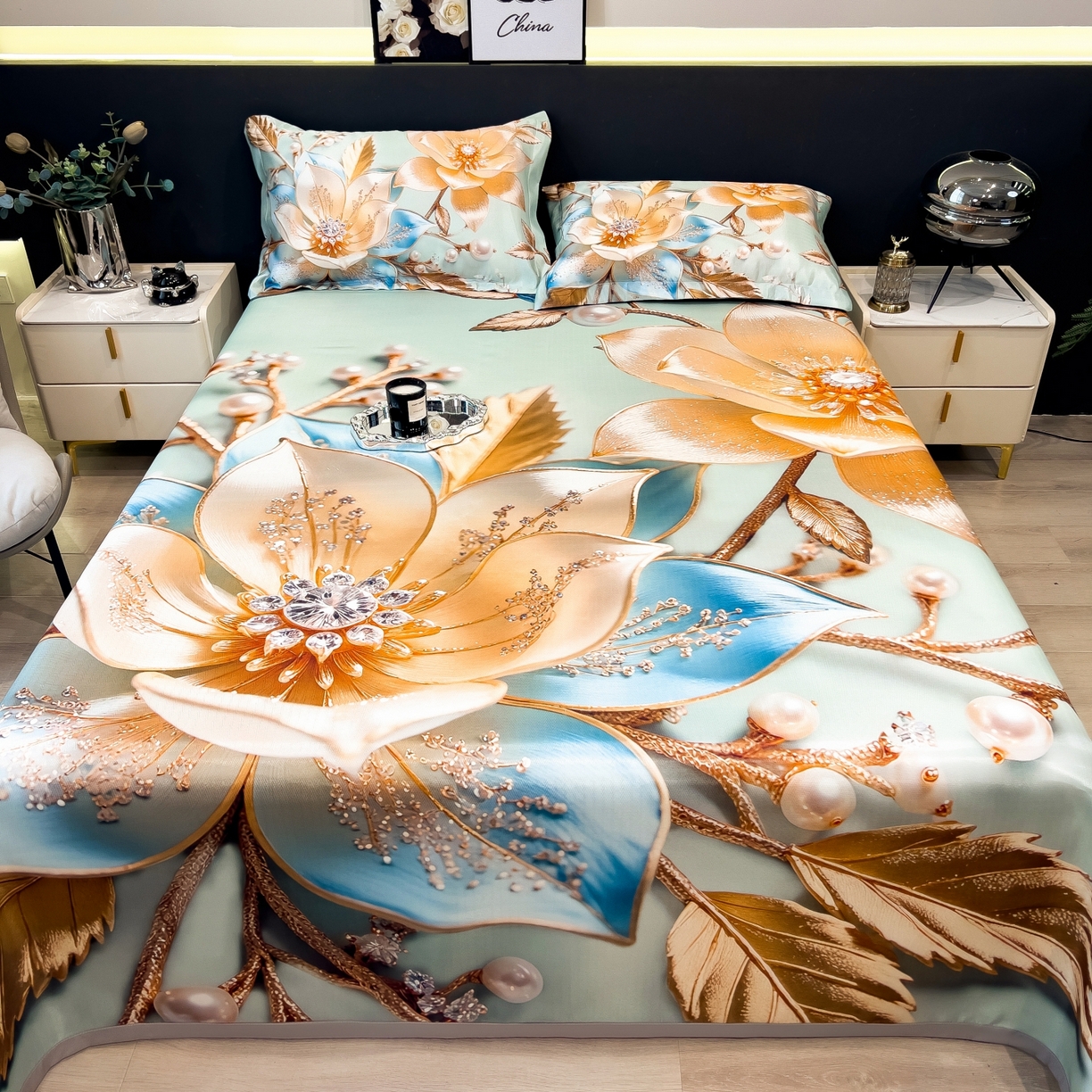 91家纺网 家纺一手货源 找家纺 梵克保罗 2026春夏新款数码印花大版高克重冰丝凉席三件套 四季花