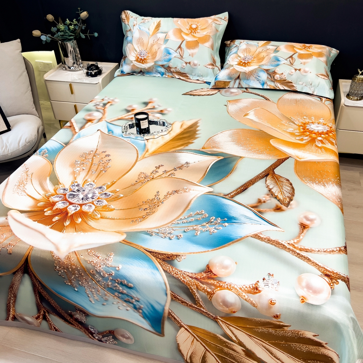 91家纺网 家纺一手货源 找家纺 梵克保罗 2026春夏新款数码印花大版高克重冰丝凉席三件套 四季花