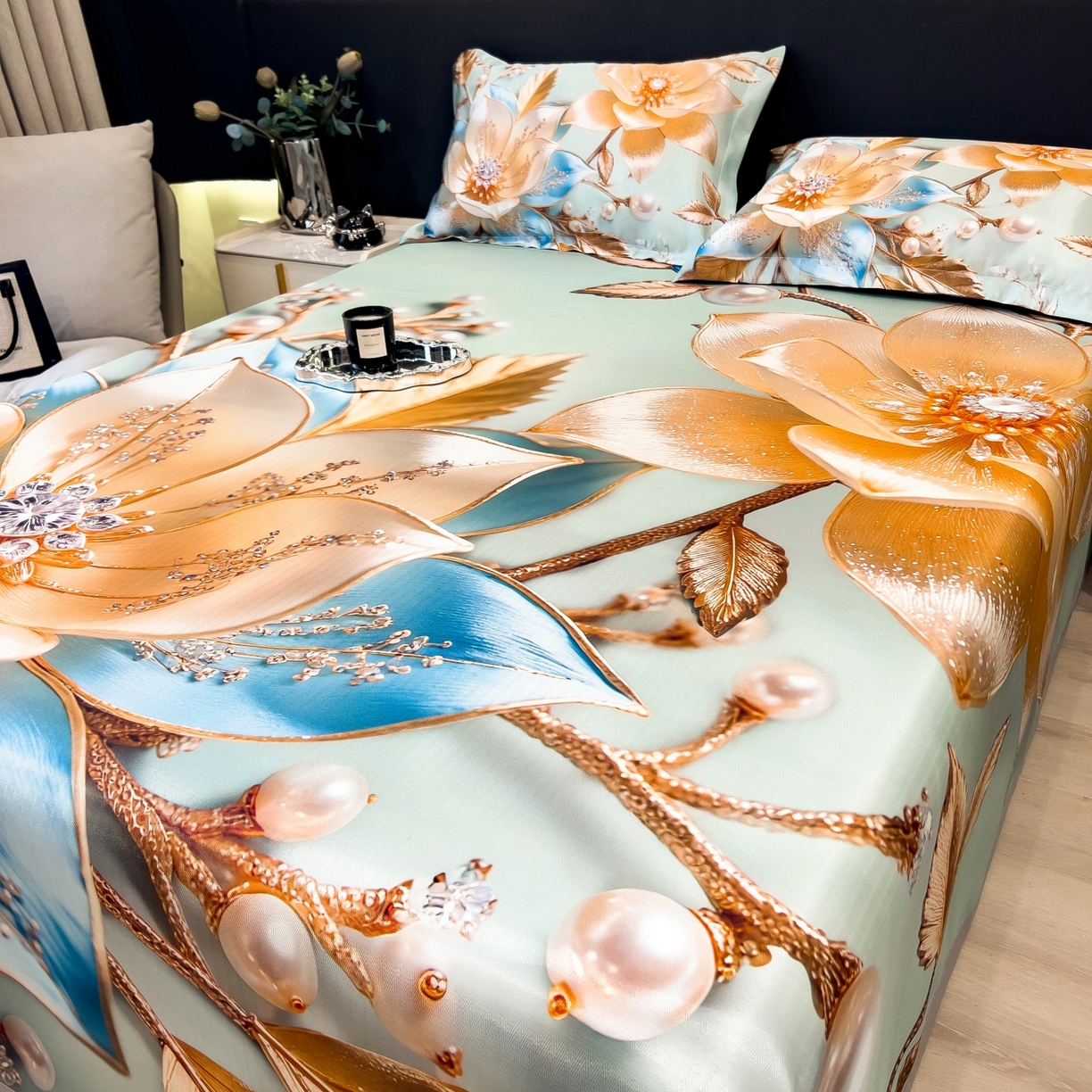 91家纺网 家纺一手货源 找家纺 梵克保罗 2026春夏新款数码印花大版高克重冰丝凉席三件套 四季花