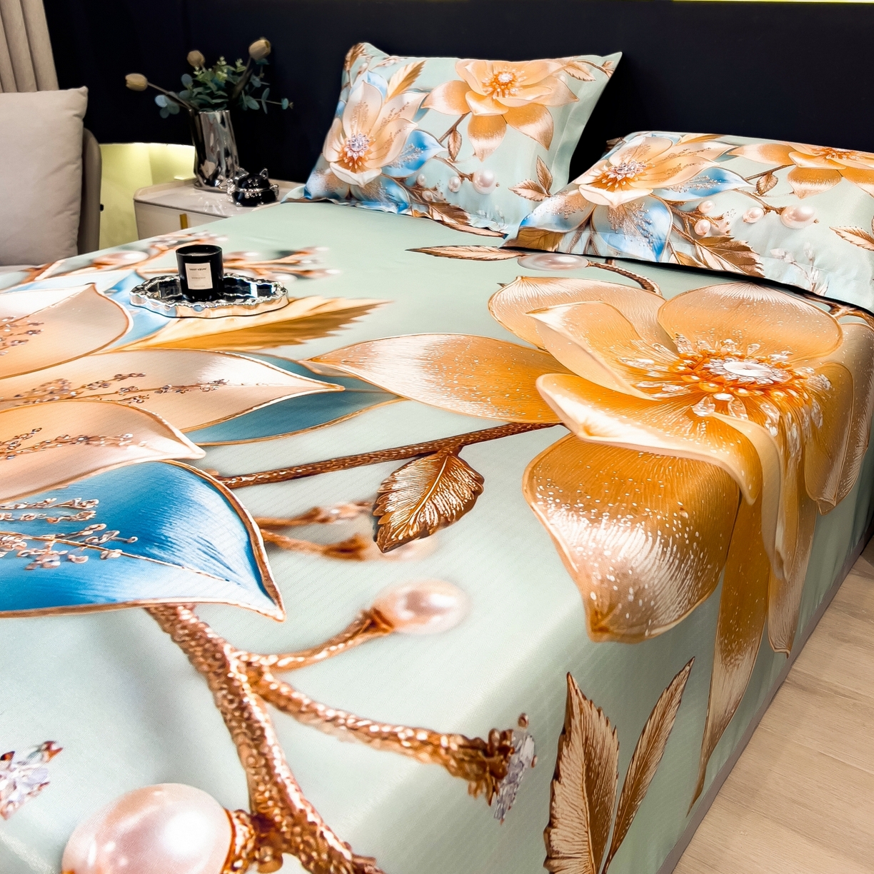 91家纺网 家纺一手货源 找家纺 梵克保罗 2026春夏新款数码印花大版高克重冰丝凉席三件套 四季花