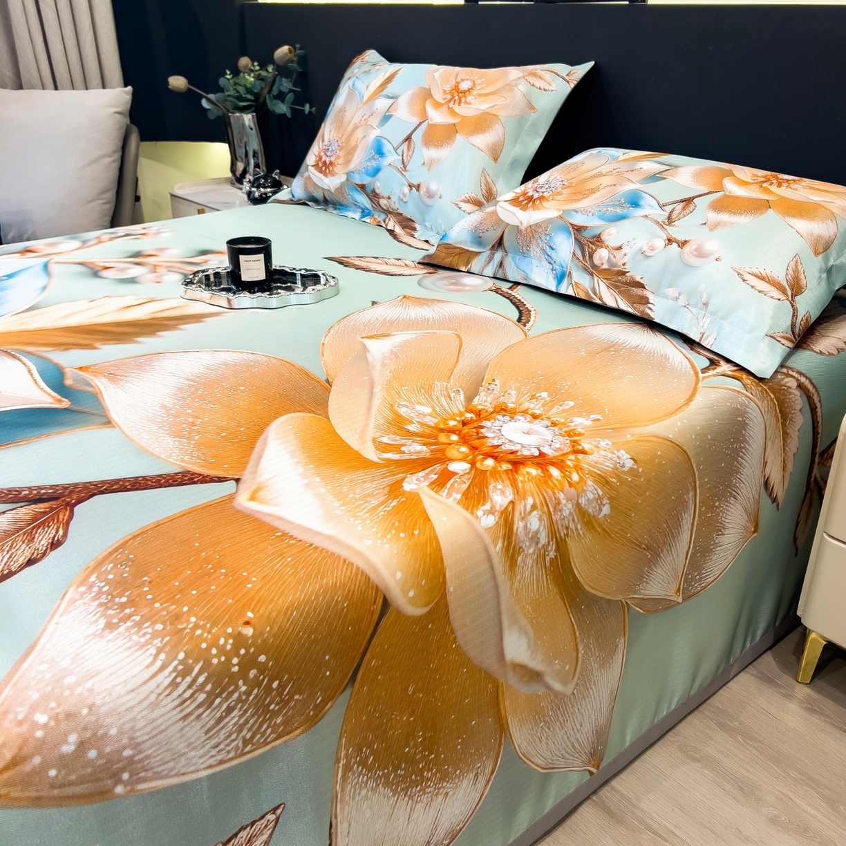 91家纺网 家纺一手货源 找家纺 梵克保罗 2026春夏新款数码印花大版高克重冰丝凉席三件套 四季花