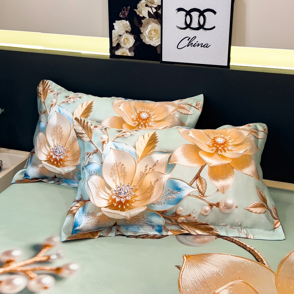 91家纺网 家纺一手货源 找家纺 梵克保罗 2026春夏新款数码印花大版高克重冰丝凉席三件套 四季花