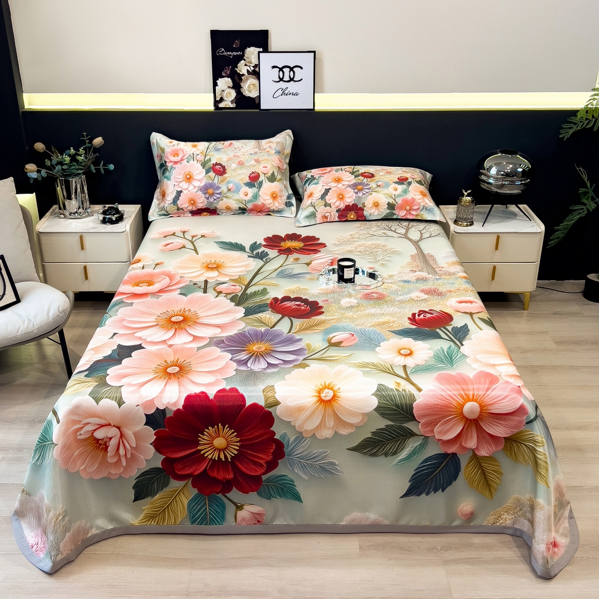 梵克保罗 2026春夏新款数码印花大版高克重冰丝凉席三件套 夏木