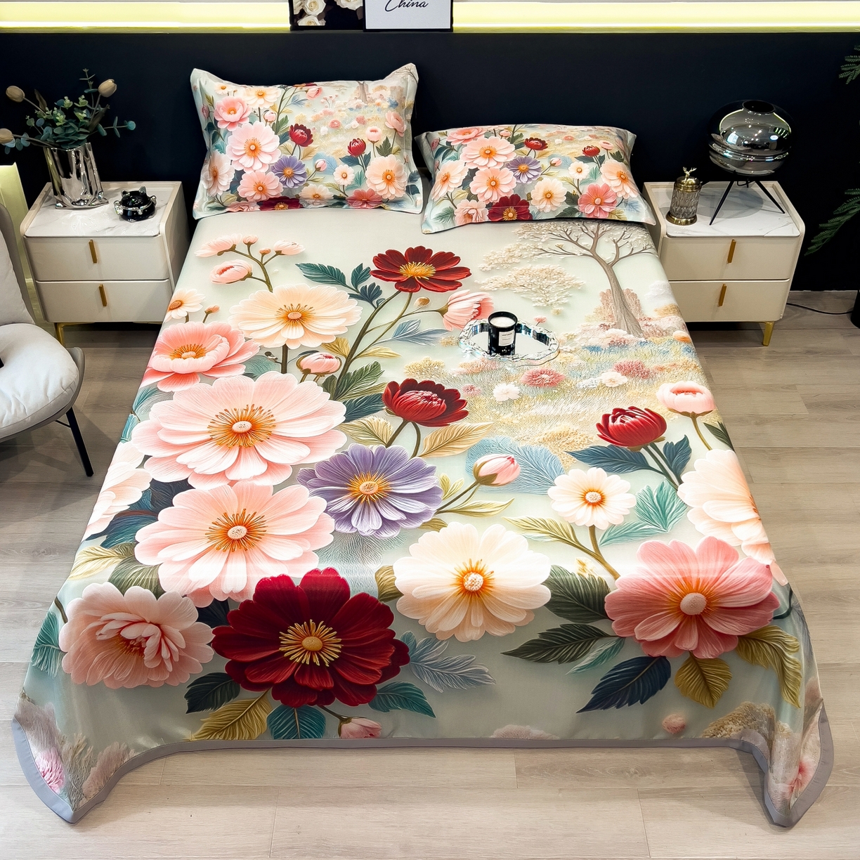 91家纺网 家纺一手货源 找家纺 梵克保罗 2026春夏新款数码印花大版高克重冰丝凉席三件套 夏木