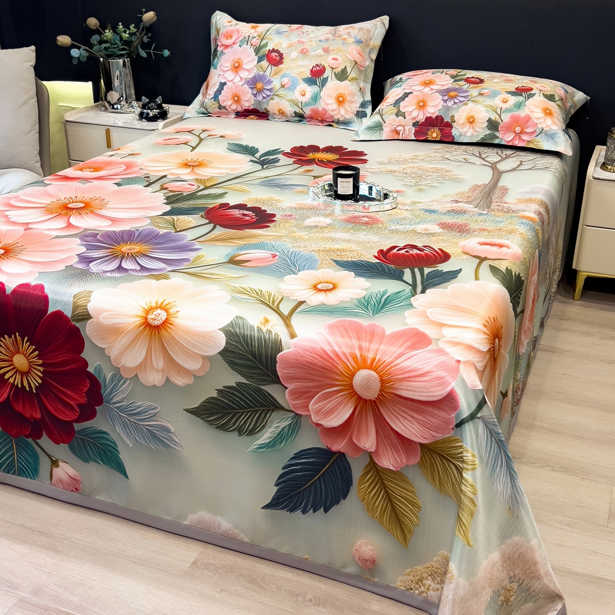 91家纺网 家纺一手货源 找家纺 梵克保罗 2026春夏新款数码印花大版高克重冰丝凉席三件套 夏木