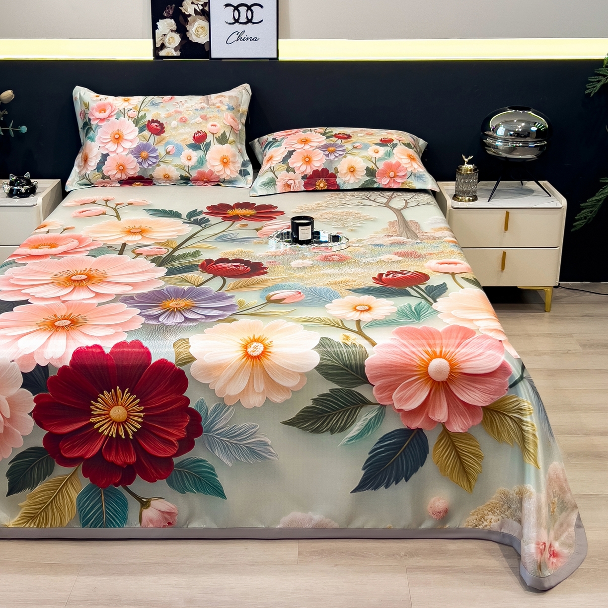 91家纺网 家纺一手货源 找家纺 梵克保罗 2026春夏新款数码印花大版高克重冰丝凉席三件套 夏木