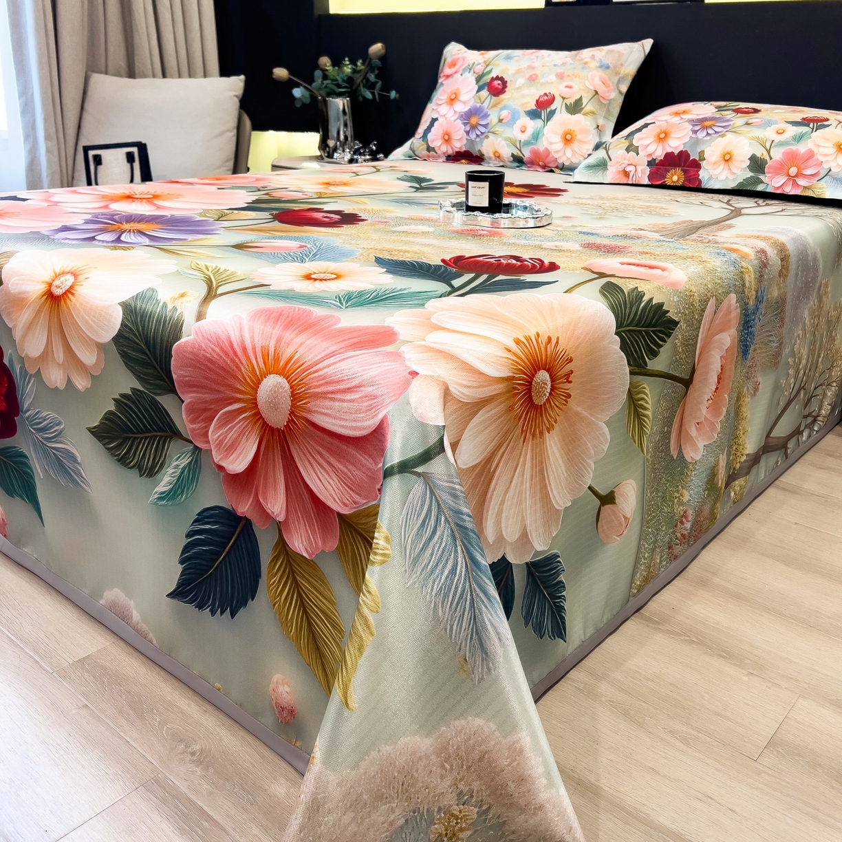 91家纺网 家纺一手货源 找家纺 梵克保罗 2026春夏新款数码印花大版高克重冰丝凉席三件套 夏木