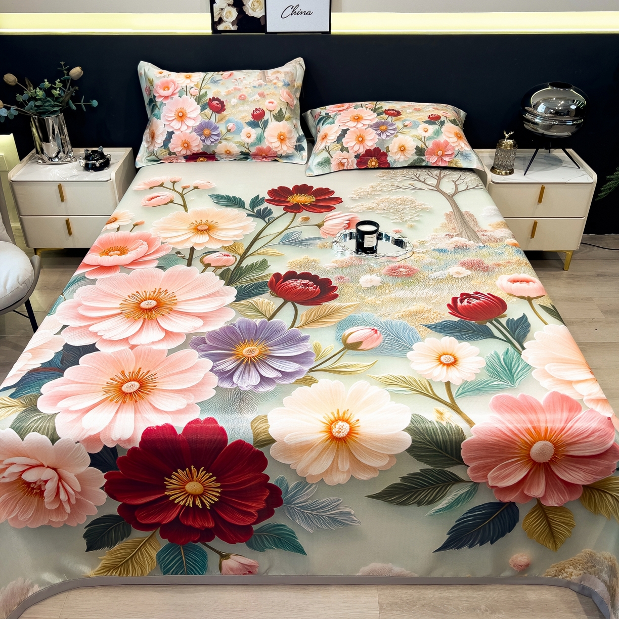 91家纺网 家纺一手货源 找家纺 梵克保罗 2026春夏新款数码印花大版高克重冰丝凉席三件套 夏木