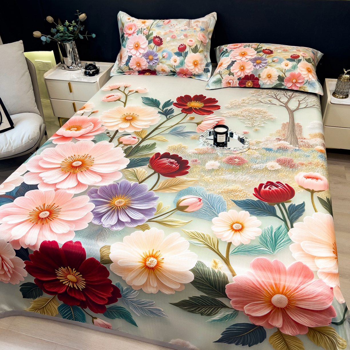 91家纺网 家纺一手货源 找家纺 梵克保罗 2026春夏新款数码印花大版高克重冰丝凉席三件套 夏木