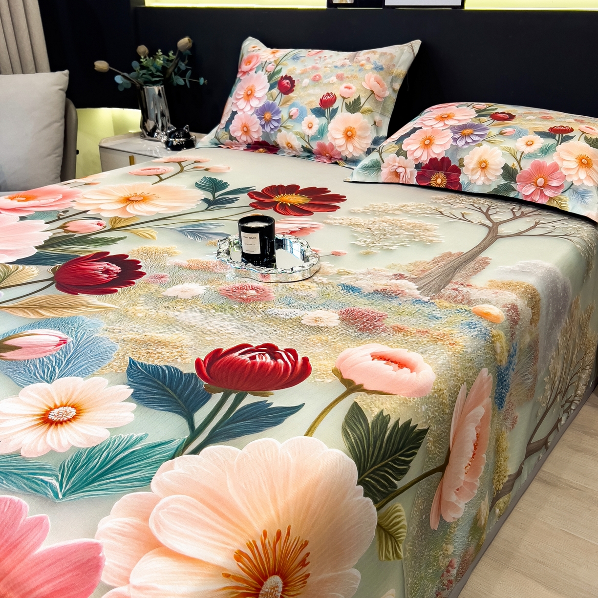 91家纺网 家纺一手货源 找家纺 梵克保罗 2026春夏新款数码印花大版高克重冰丝凉席三件套 夏木