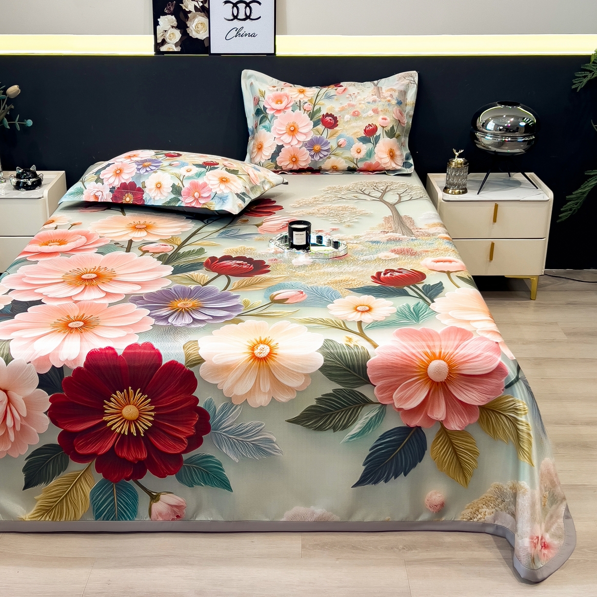 91家纺网 家纺一手货源 找家纺 梵克保罗 2026春夏新款数码印花大版高克重冰丝凉席三件套 夏木