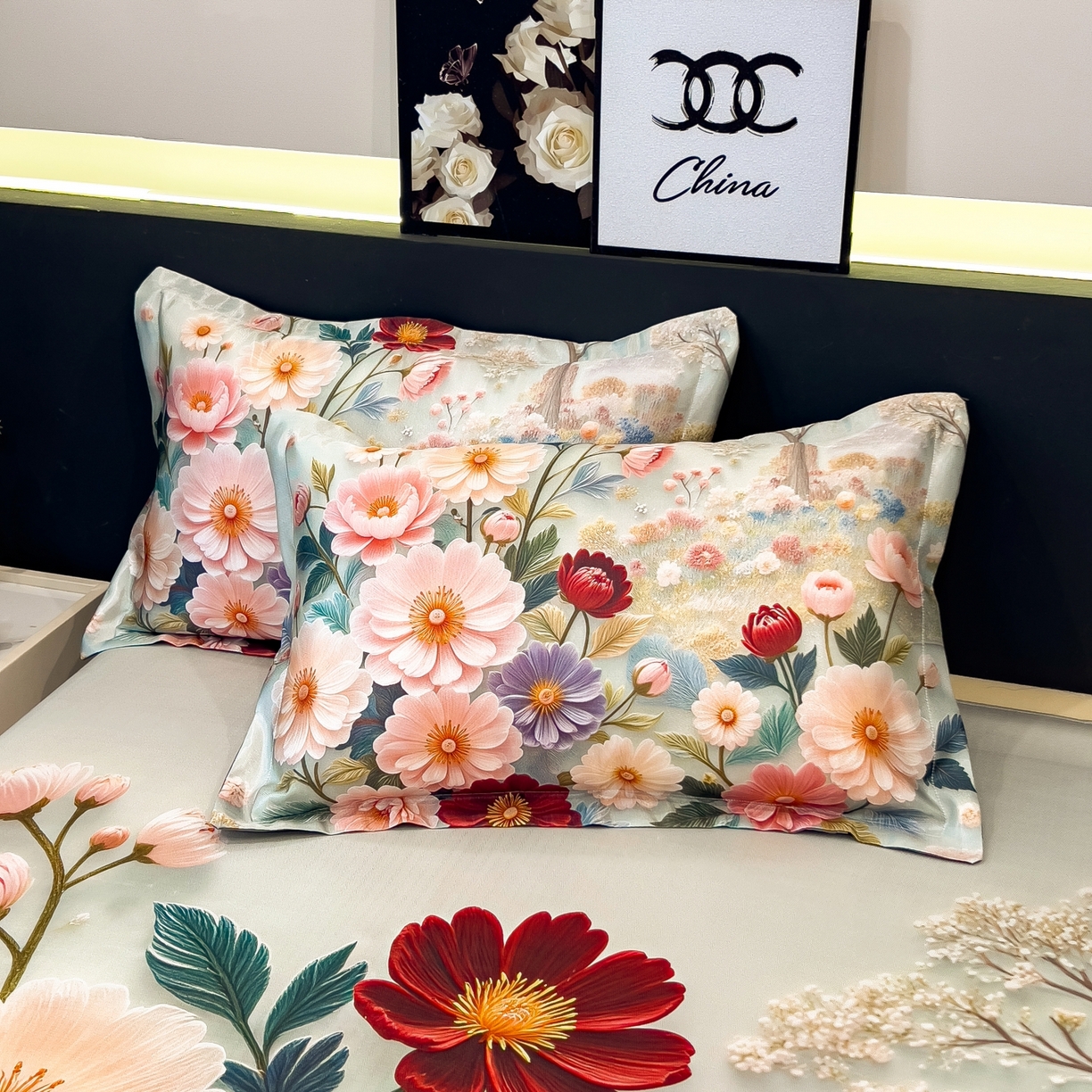 91家纺网 家纺一手货源 找家纺 梵克保罗 2026春夏新款数码印花大版高克重冰丝凉席三件套 夏木