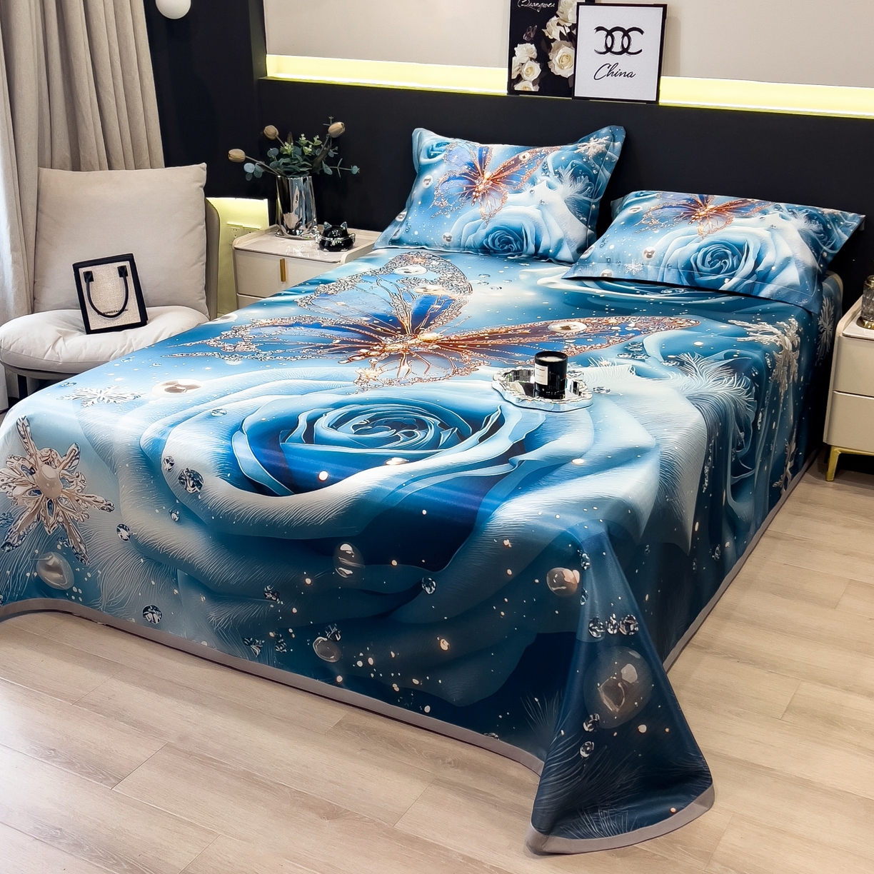 91家纺网 家纺一手货源 找家纺 梵克保罗 2026春夏新款数码印花大版高克重冰丝凉席三件套 星空幻想