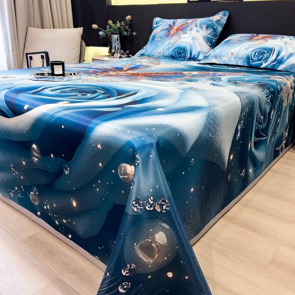 91家纺网 家纺一手货源 找家纺 梵克保罗 2026春夏新款数码印花大版高克重冰丝凉席三件套 星空幻想