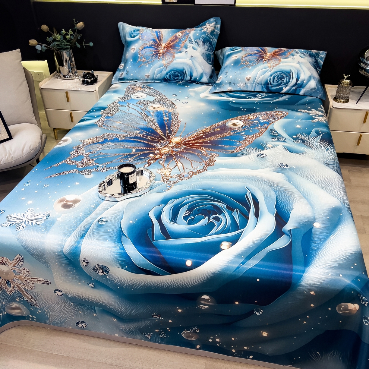 91家纺网 家纺一手货源 找家纺 梵克保罗 2026春夏新款数码印花大版高克重冰丝凉席三件套 星空幻想