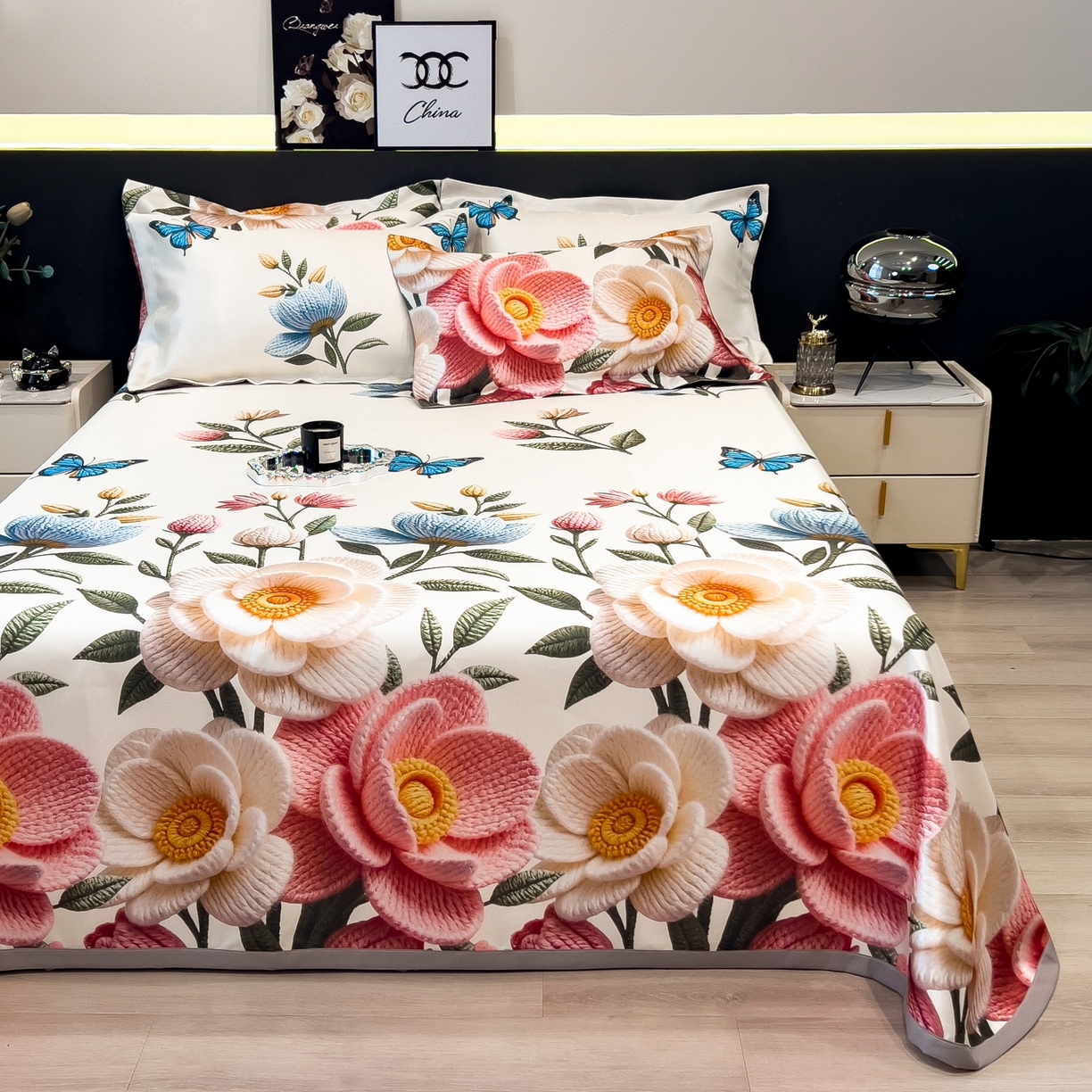 91家纺网 家纺一手货源 找家纺 梵克保罗 2026春夏新款凉感冰丝凉席床单款凉席三件套 橘月