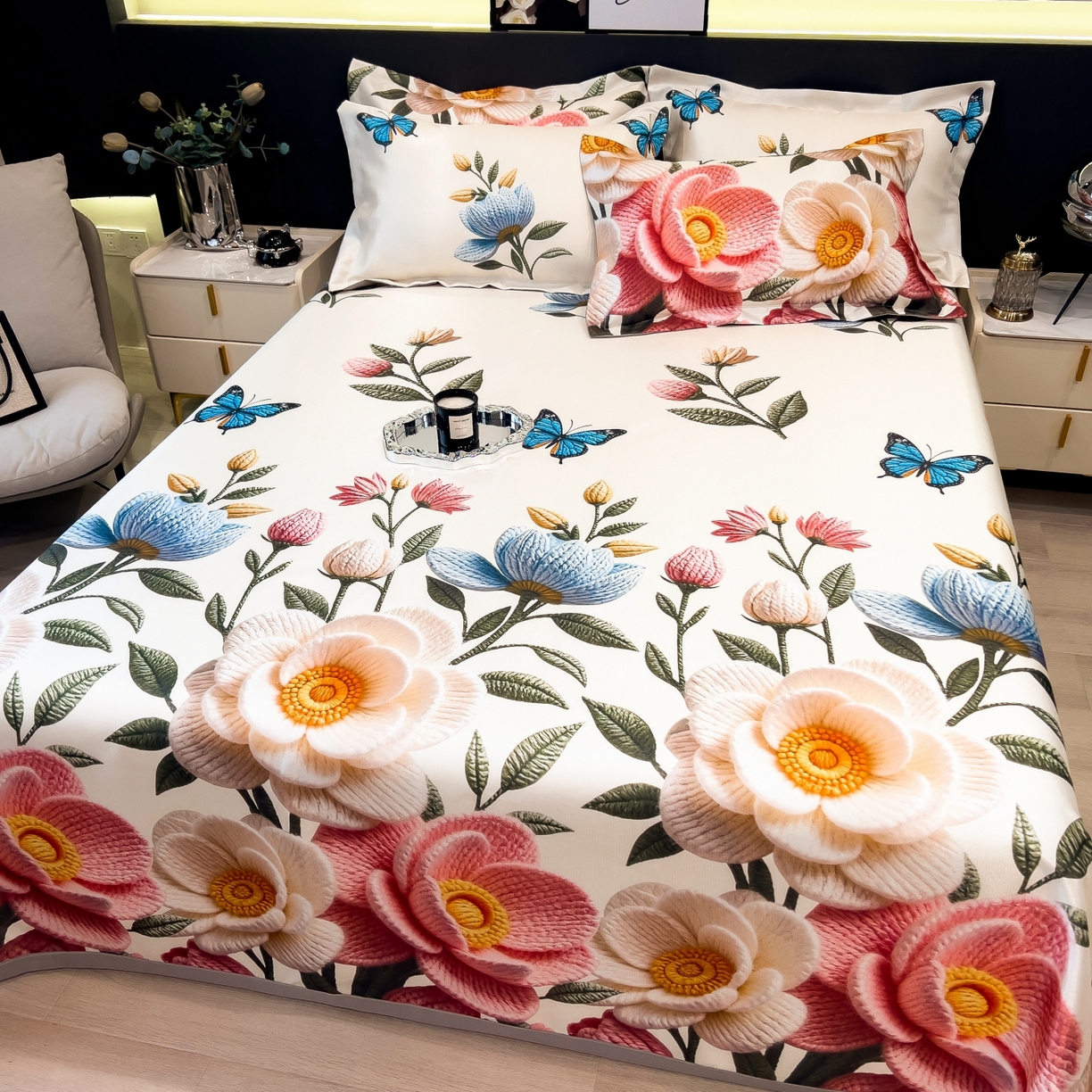 91家纺网 家纺一手货源 找家纺 梵克保罗 2026春夏新款凉感冰丝凉席床单款凉席三件套 橘月