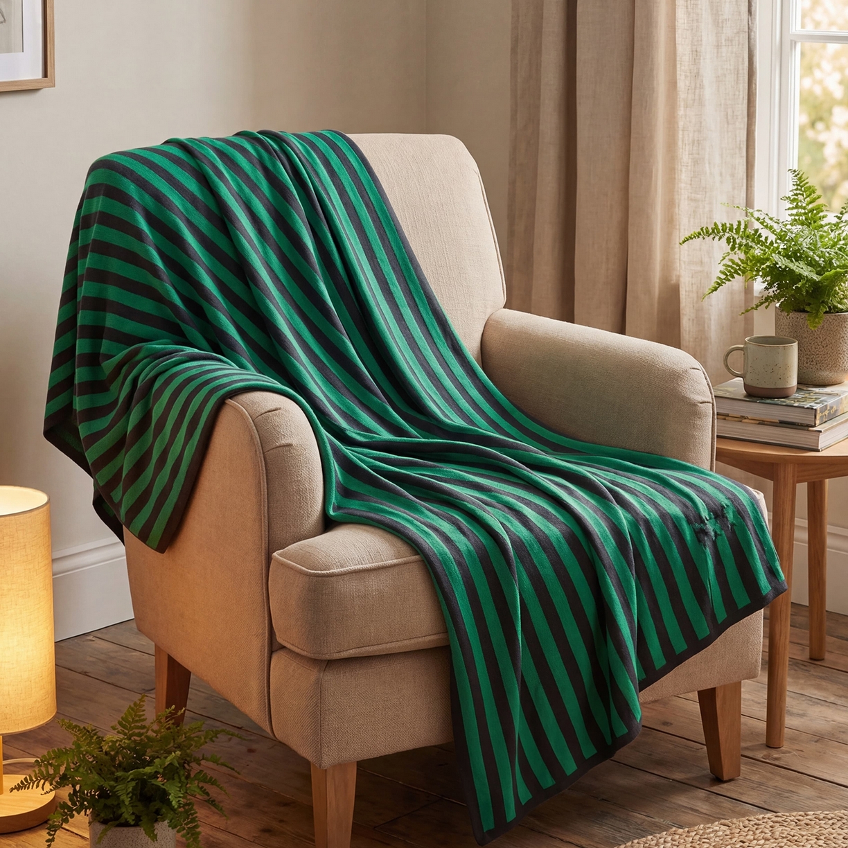 91家纺网 家纺一手货源 找家纺 暖绵绵家纺 2026新款丝光棉撞色条纹盖毯-海文（本款券后/折后零售价不得低于162元） 海文-灰绿色