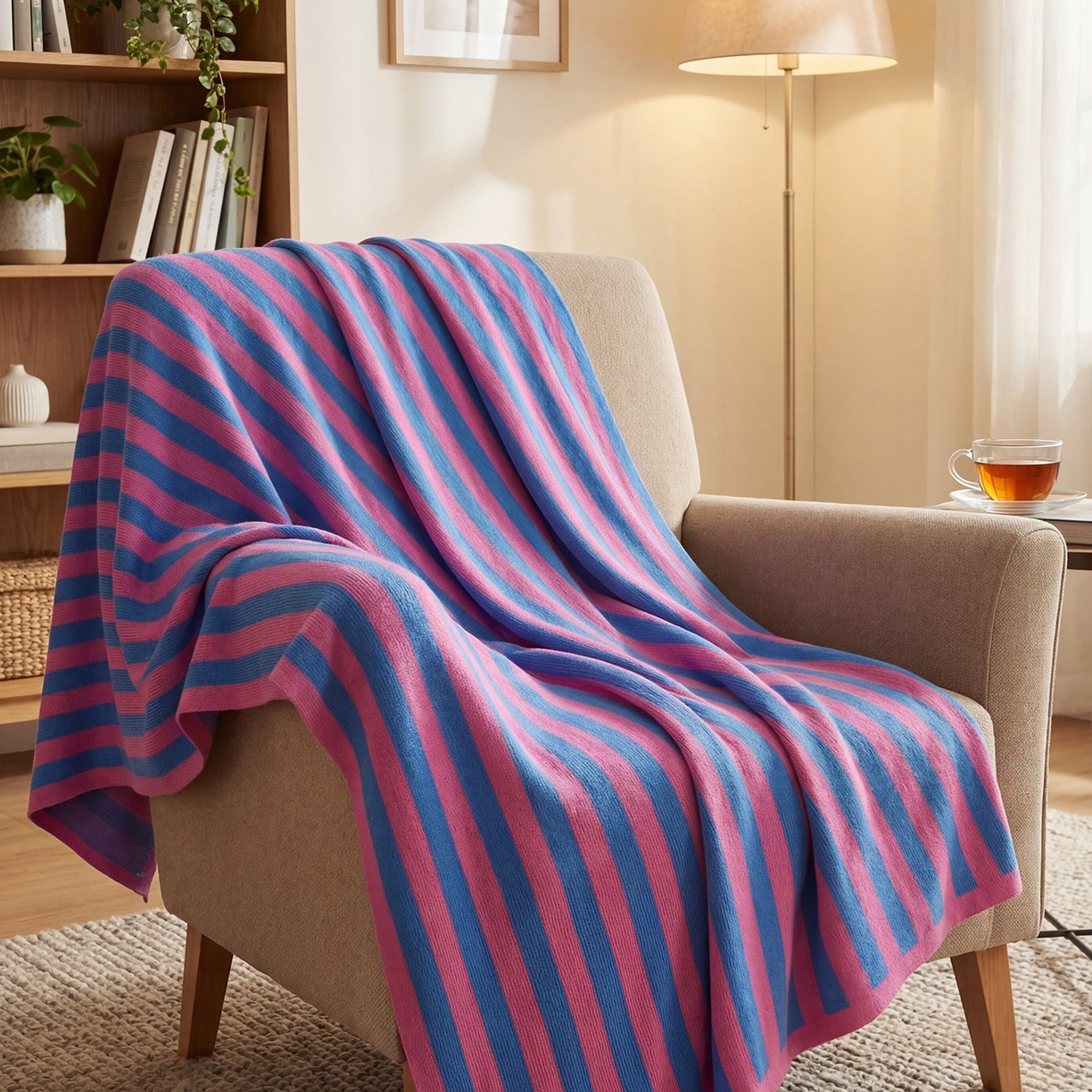 91家纺网 家纺一手货源 找家纺 暖绵绵家纺 2026新款丝光棉撞色条纹盖毯-海文（本款券后/折后零售价不得低于162元） 海文-蓝粉色