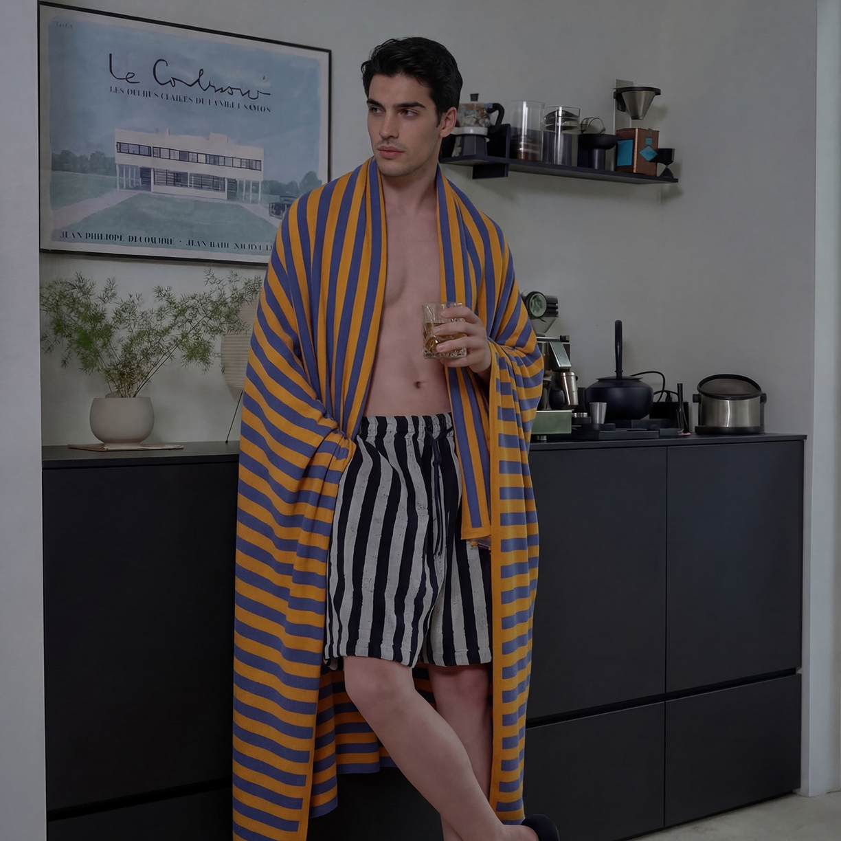 91家纺网 家纺一手货源 找家纺 暖绵绵家纺 2026新款丝光棉撞色条纹盖毯-海文（本款券后/折后零售价不得低于162元） 海文-蓝黄色