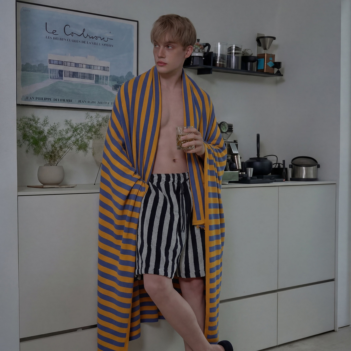 91家纺网 家纺一手货源 找家纺 暖绵绵家纺 2026新款丝光棉撞色条纹盖毯-海文（本款券后/折后零售价不得低于162元） 海文-蓝黄色