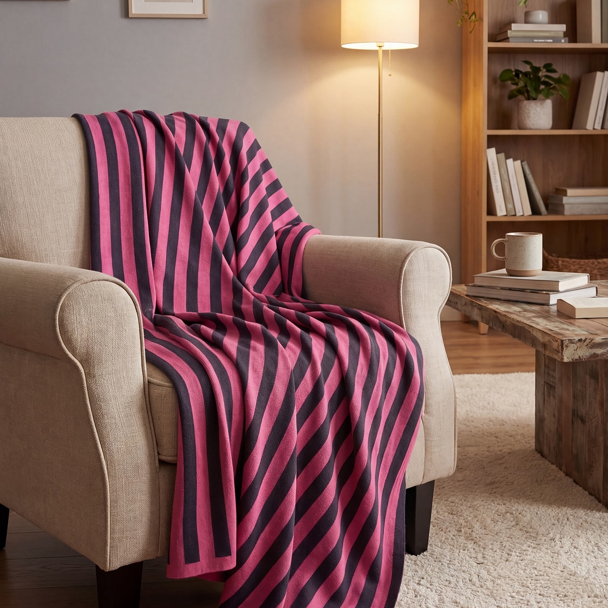 91家纺网 家纺一手货源 找家纺 暖绵绵家纺 2026新款丝光棉撞色条纹盖毯-海文（本款券后/折后零售价不得低于162元） 海文-灰红色