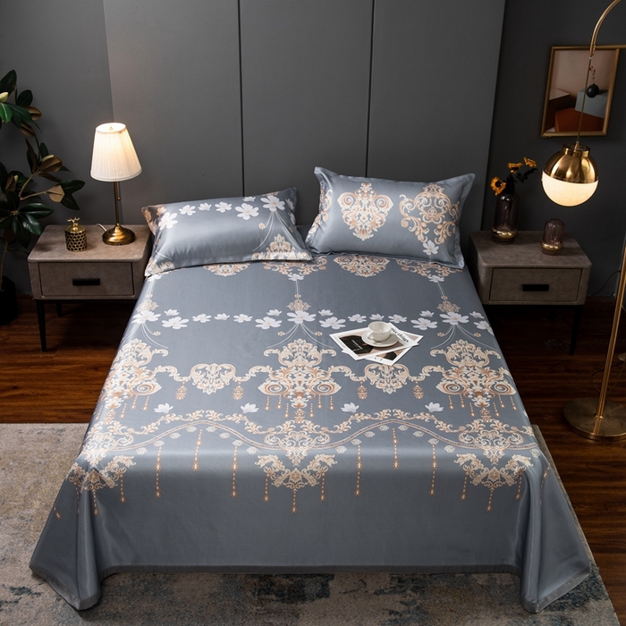 梵克保罗 2026春夏新款凉感冰丝凉席床单款凉席三件套 落英缤纷-灰