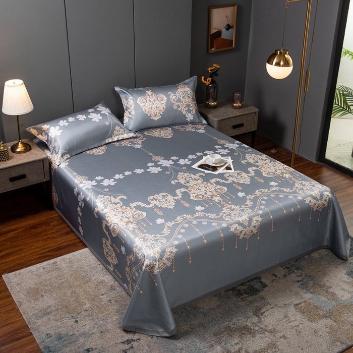 91家纺网 家纺一手货源 找家纺 梵克保罗 2026春夏新款凉感冰丝凉席床单款凉席三件套 落英缤纷-灰