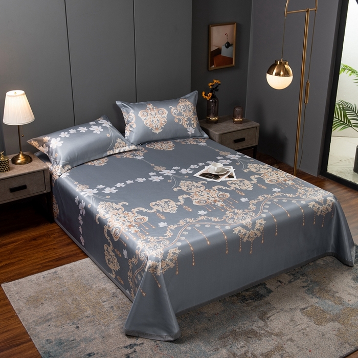 91家纺网 家纺一手货源 找家纺 梵克保罗 2026春夏新款凉感冰丝凉席床单款凉席三件套 落英缤纷-灰