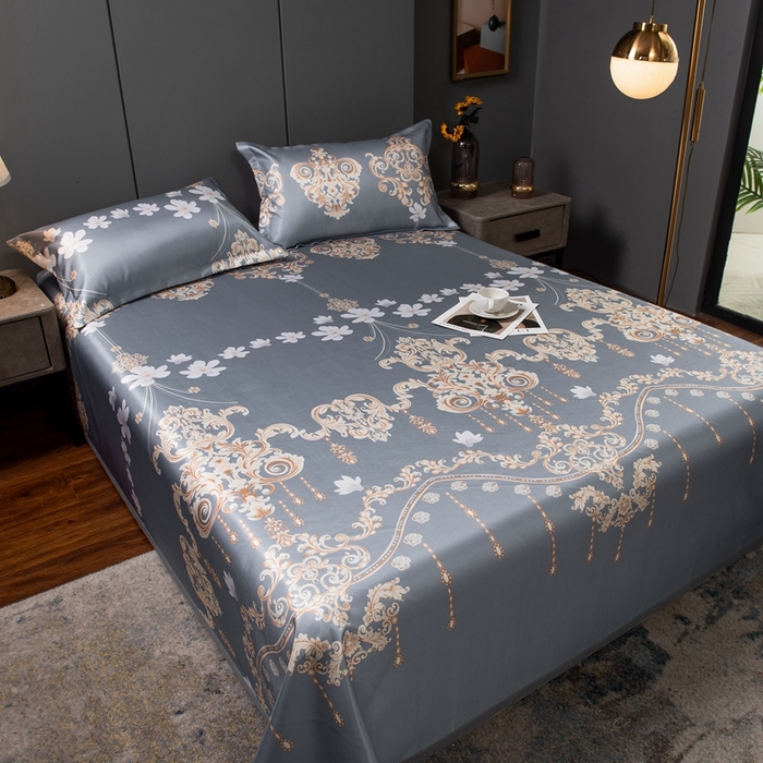 91家纺网 家纺一手货源 找家纺 梵克保罗 2026春夏新款凉感冰丝凉席床单款凉席三件套 落英缤纷-灰