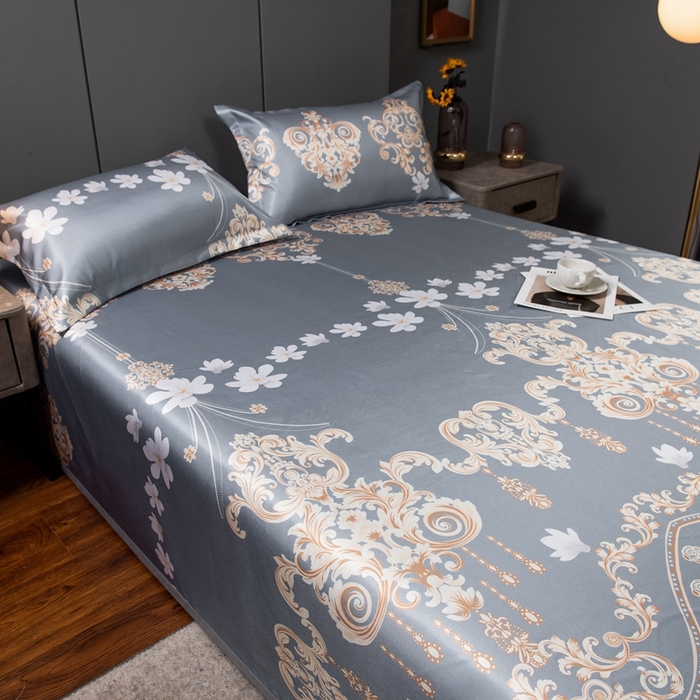 91家纺网 家纺一手货源 找家纺 梵克保罗 2026春夏新款凉感冰丝凉席床单款凉席三件套 落英缤纷-灰