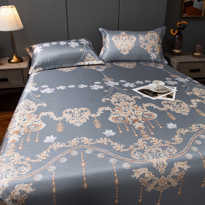 91家纺网 家纺一手货源 找家纺 梵克保罗 2026春夏新款凉感冰丝凉席床单款凉席三件套 落英缤纷-灰