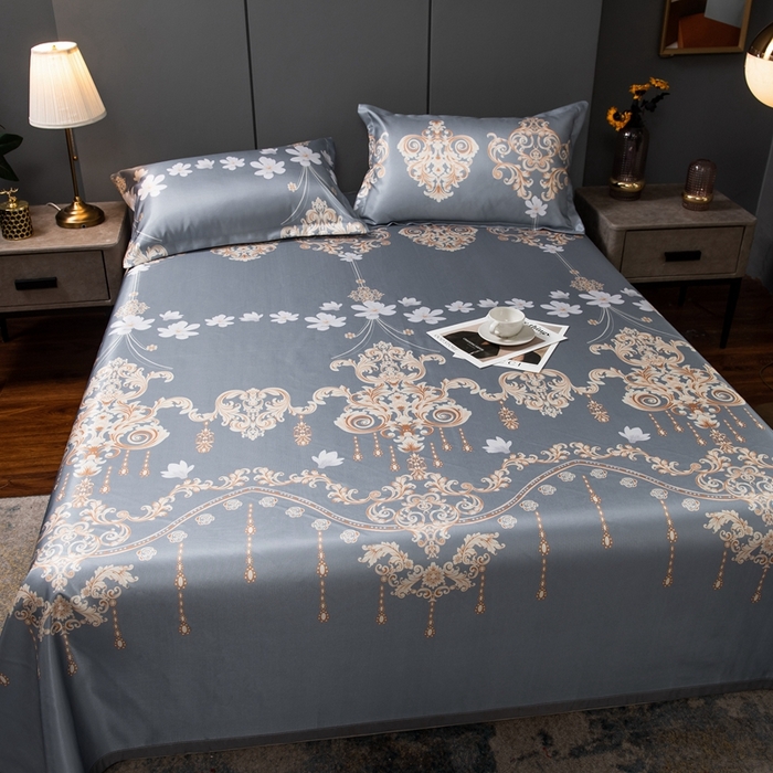 91家纺网 家纺一手货源 找家纺 梵克保罗 2026春夏新款凉感冰丝凉席床单款凉席三件套 落英缤纷-灰