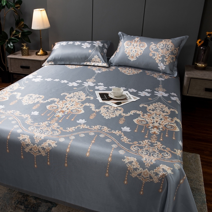 91家纺网 家纺一手货源 找家纺 梵克保罗 2026春夏新款凉感冰丝凉席床单款凉席三件套 落英缤纷-灰