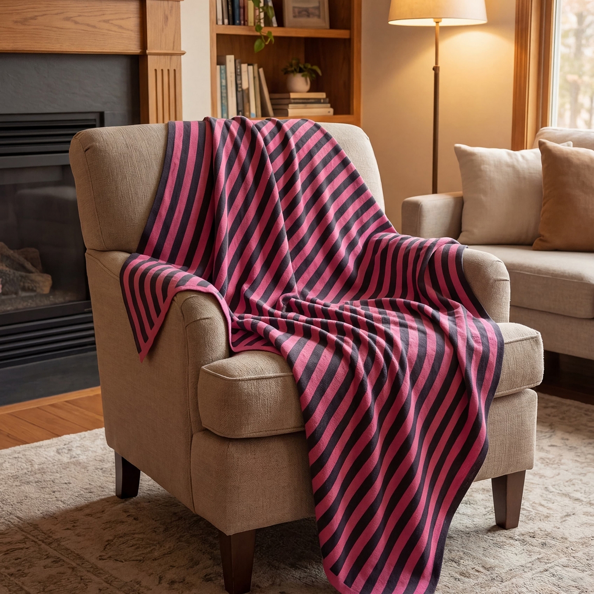 暖绵绵家纺 2026新款丝光棉撞色条纹盖毯-海文（本款券后/折后零售价不得低于162元） 海文-灰红色