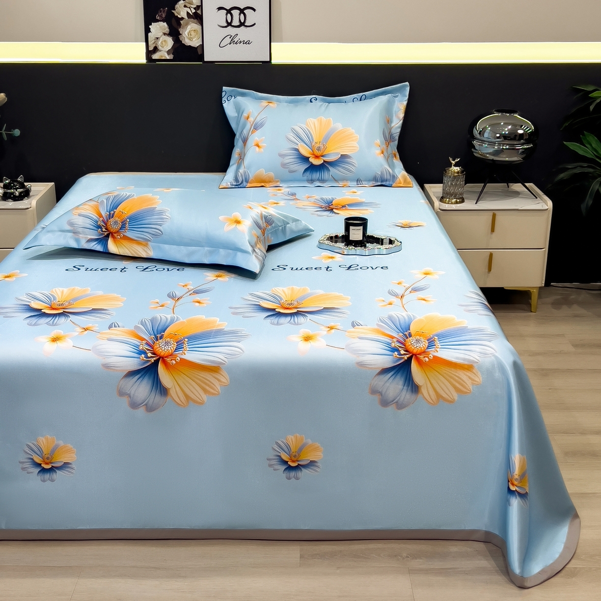 91家纺网 家纺一手货源 找家纺 梵克保罗 2026春夏新款凉感冰丝凉席床单款凉席三件套 麦秋