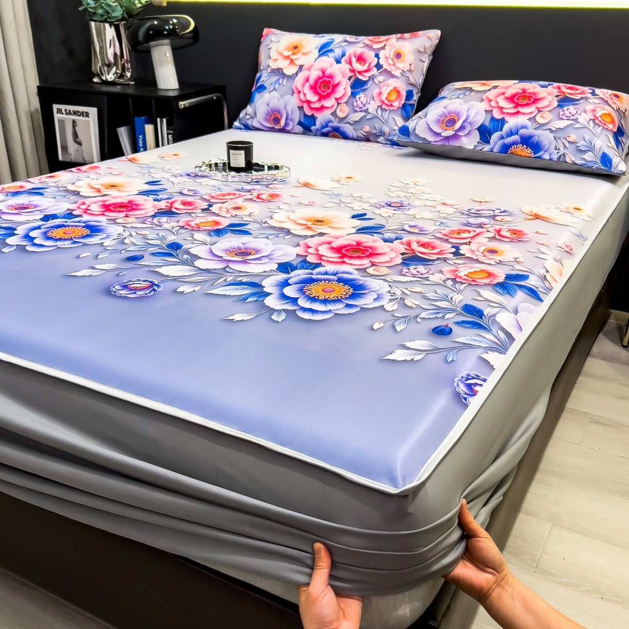 91家纺网 家纺一手货源 找家纺 （总）梵克保罗 2026春夏新款数码印花大版高克重冰丝凉席床笠款三件套