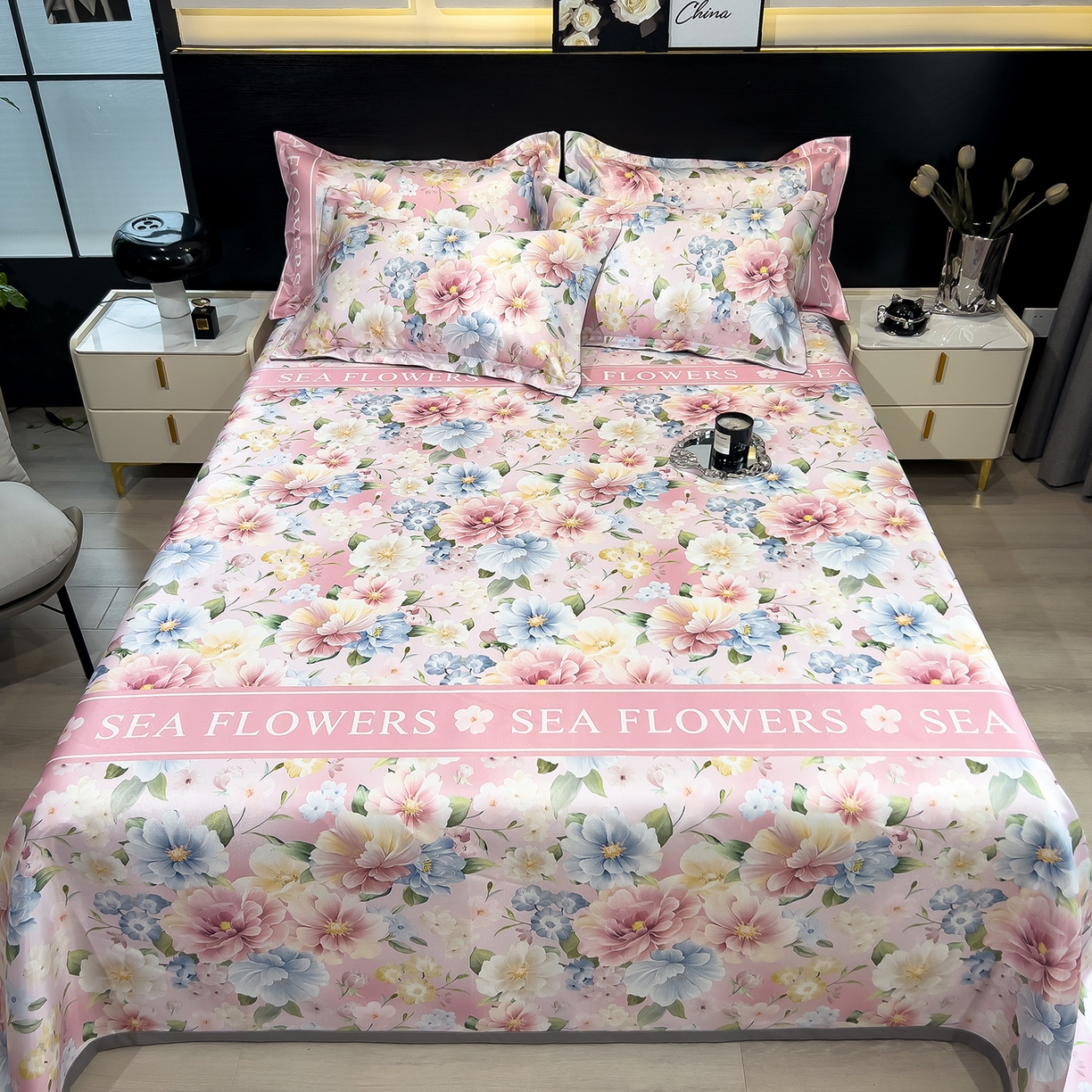 91家纺网 家纺一手货源 找家纺 梵克保罗 2026春夏新款凉感冰丝凉席床单款凉席三件套 玫瑰佳人