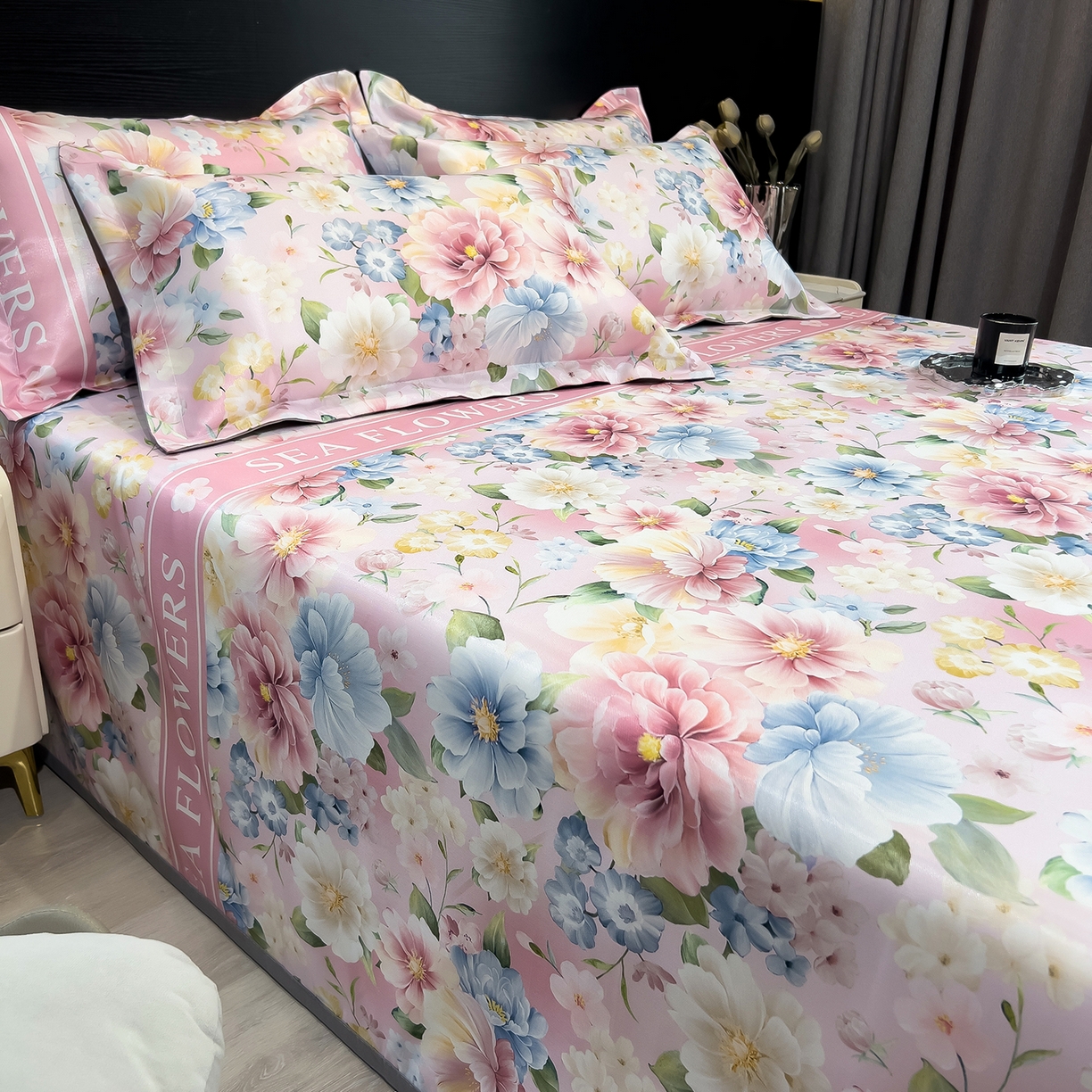 91家纺网 家纺一手货源 找家纺 梵克保罗 2026春夏新款凉感冰丝凉席床单款凉席三件套 玫瑰佳人