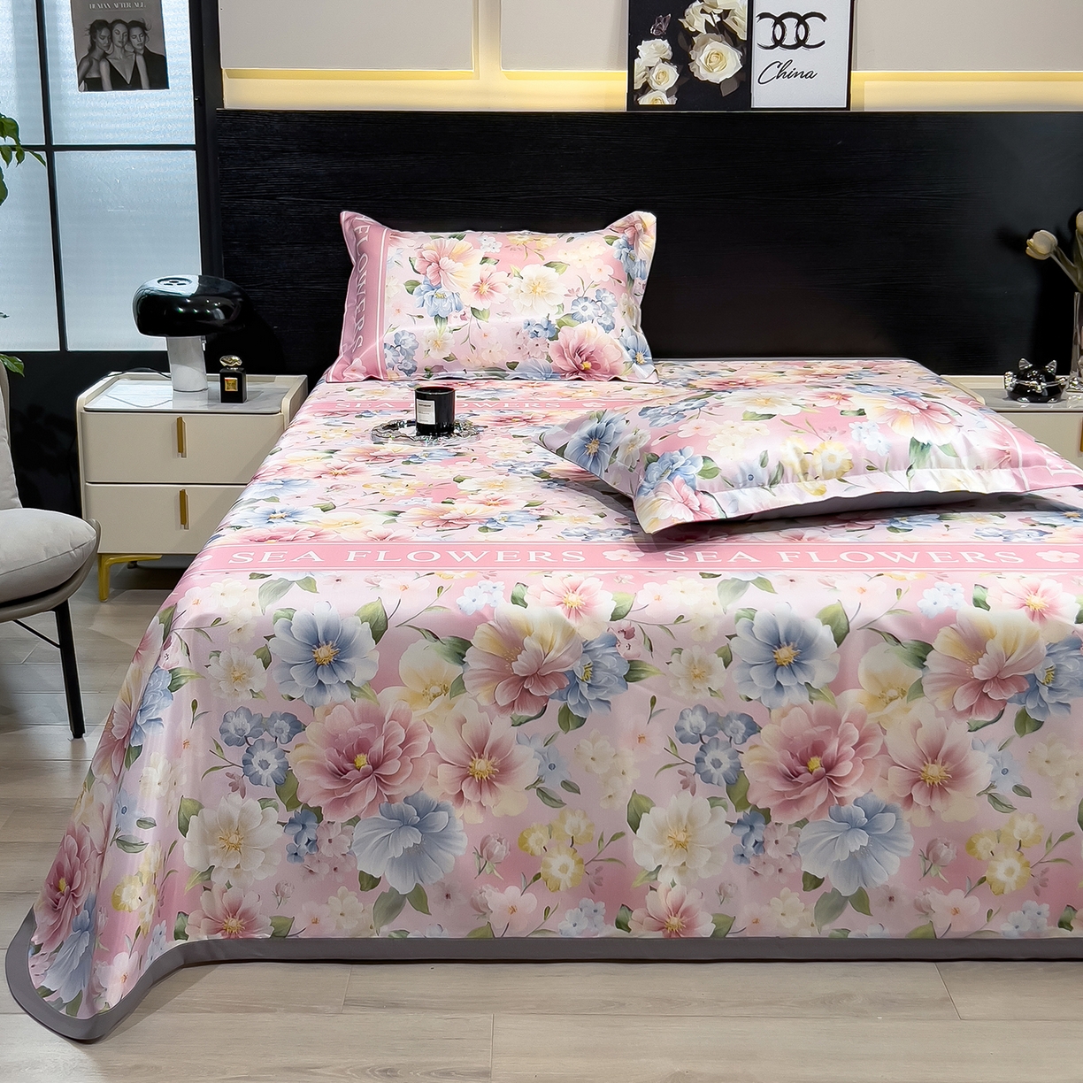 91家纺网 家纺一手货源 找家纺 梵克保罗 2026春夏新款凉感冰丝凉席床单款凉席三件套 玫瑰佳人